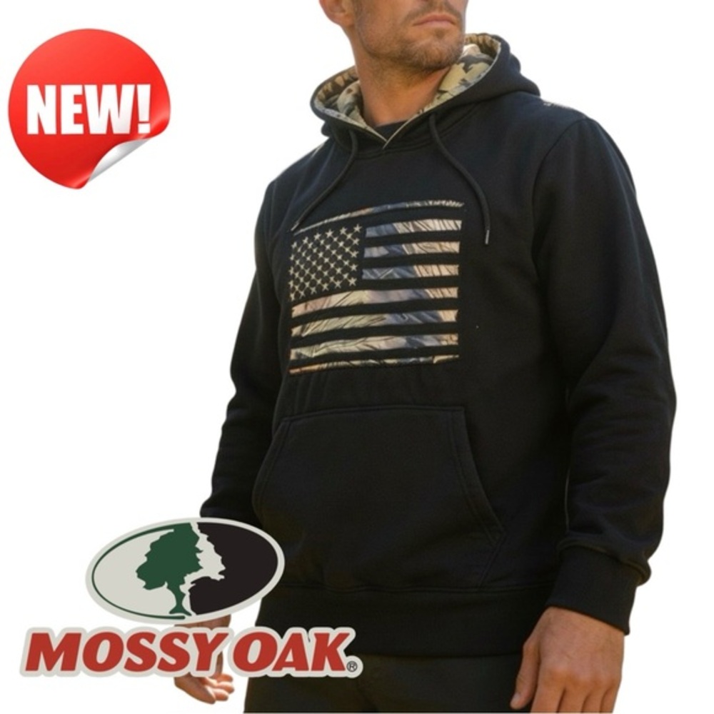 NWT - Mossy Oak Performance Fleece Men's Hoodie Black Camo USA Flag Size Medium